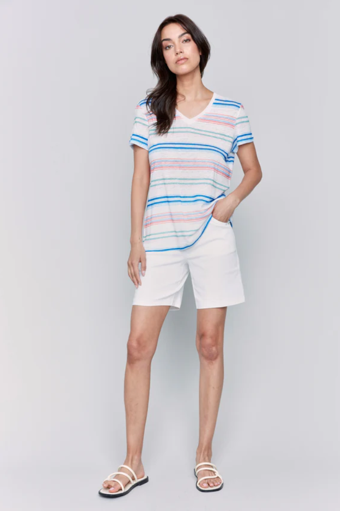 Striped Linen Blend V-Neck T-Shirt