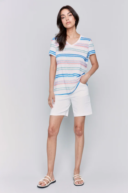 Striped Linen Blend V-Neck T-Shirt
