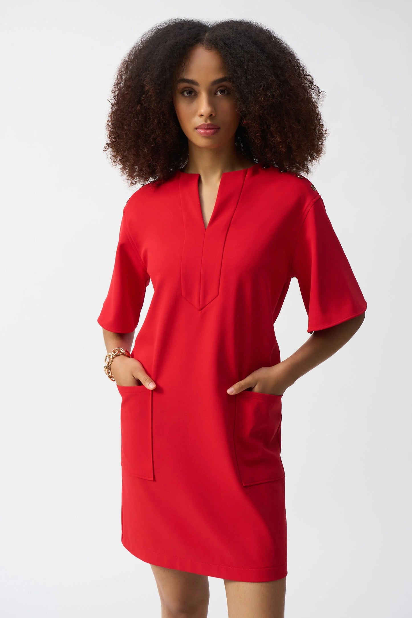 Woven Short Sleeve Straight Dress- Radiant Red