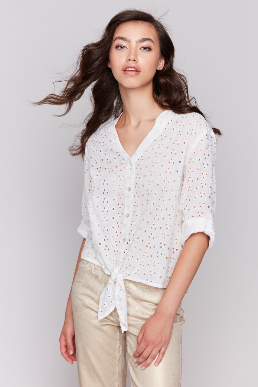 Ivory Cotton Gold Eyelet Tie Blouse
