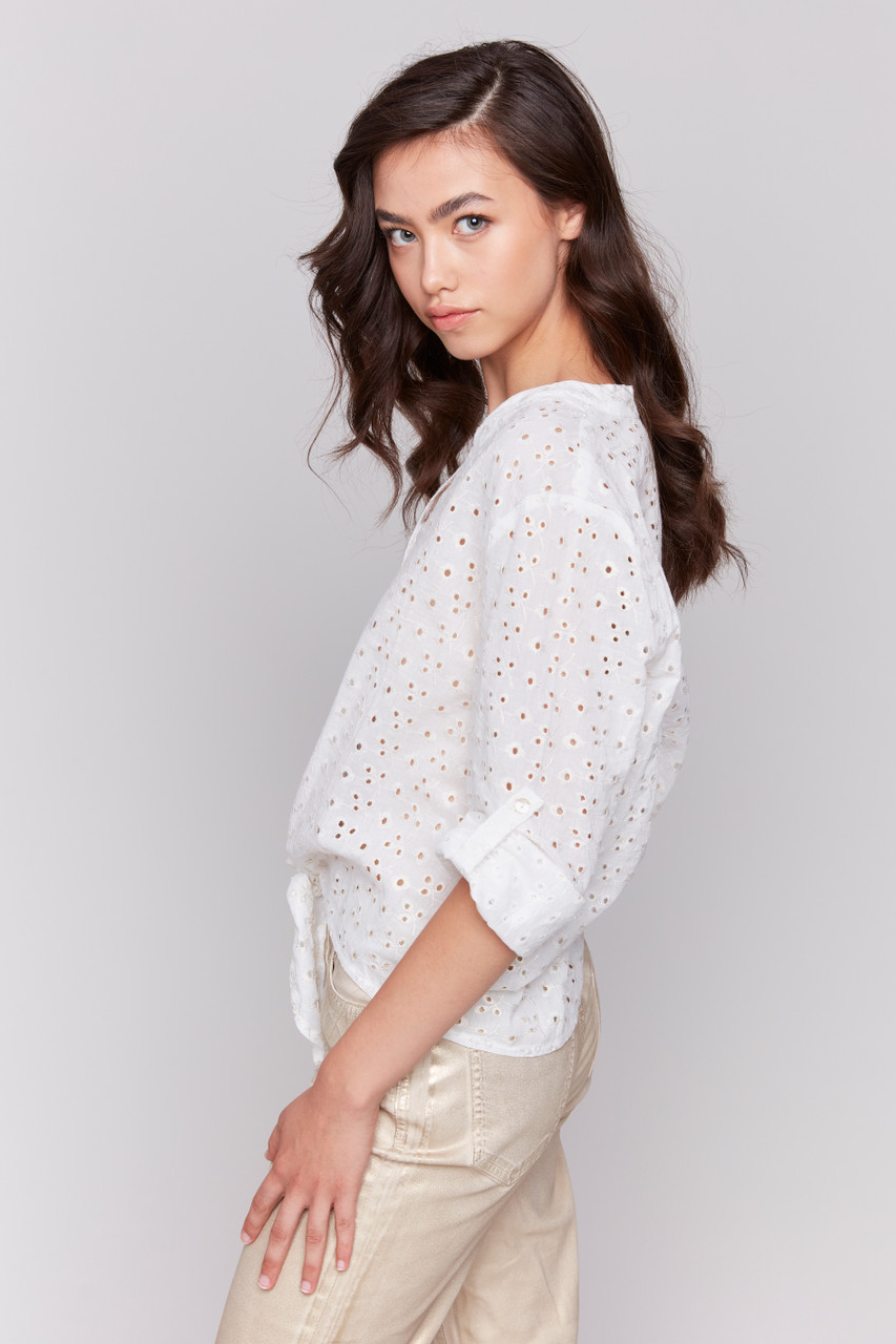 Ivory Cotton Gold Eyelet Tie Blouse