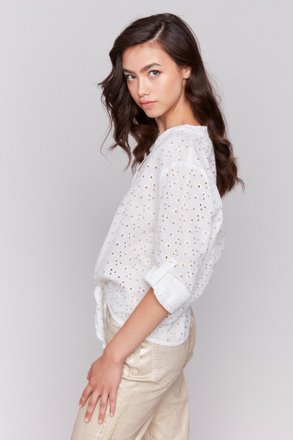 Ivory Cotton Gold Eyelet Tie Blouse