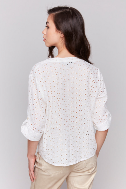 Ivory Cotton Gold Eyelet Tie Blouse