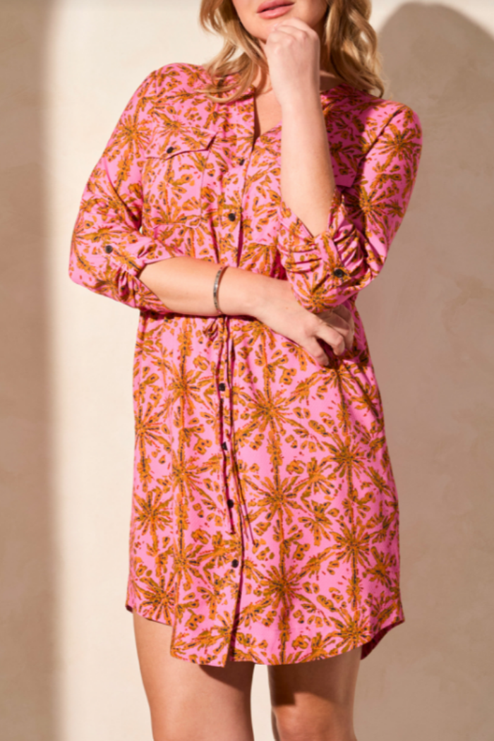 Drawstring Waist Roll Tab Sleeve Dress