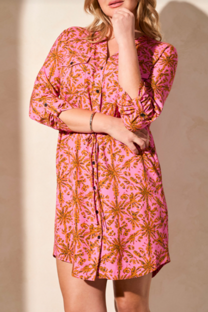 Drawstring Waist Roll Tab Sleeve Dress
