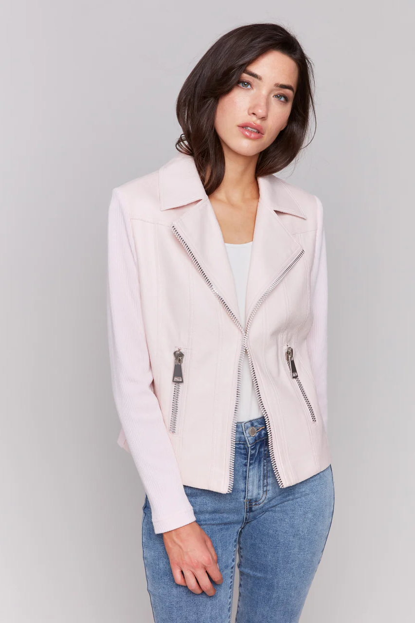 Foiled Faux Leather and Rib Knit Jacket
