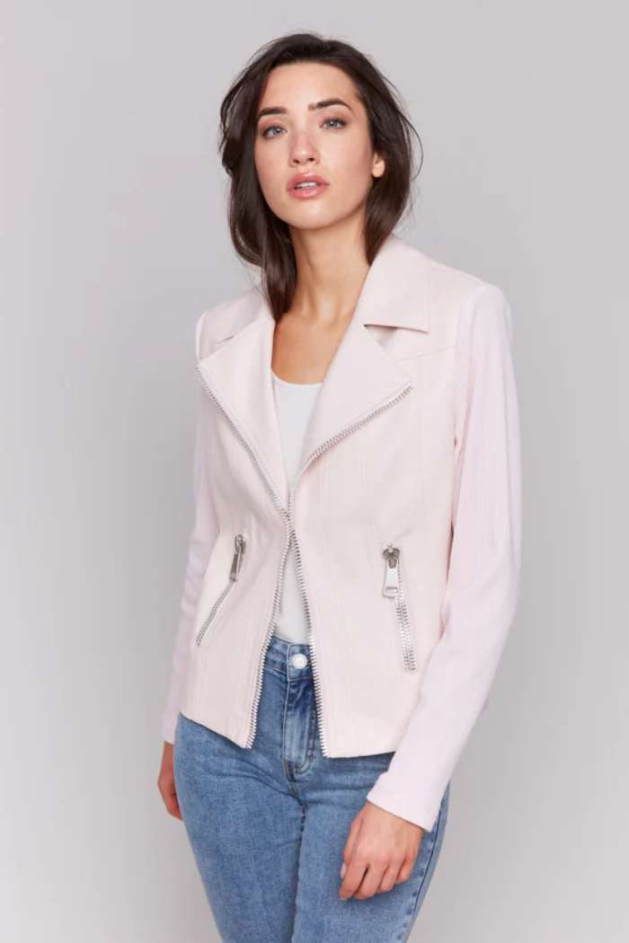 Foiled Faux Leather and Rib Knit Jacket