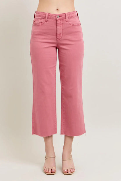 JUDY BLUE HW ROSE GARMENT DYED RAW HEM CROP WIDE JEANS