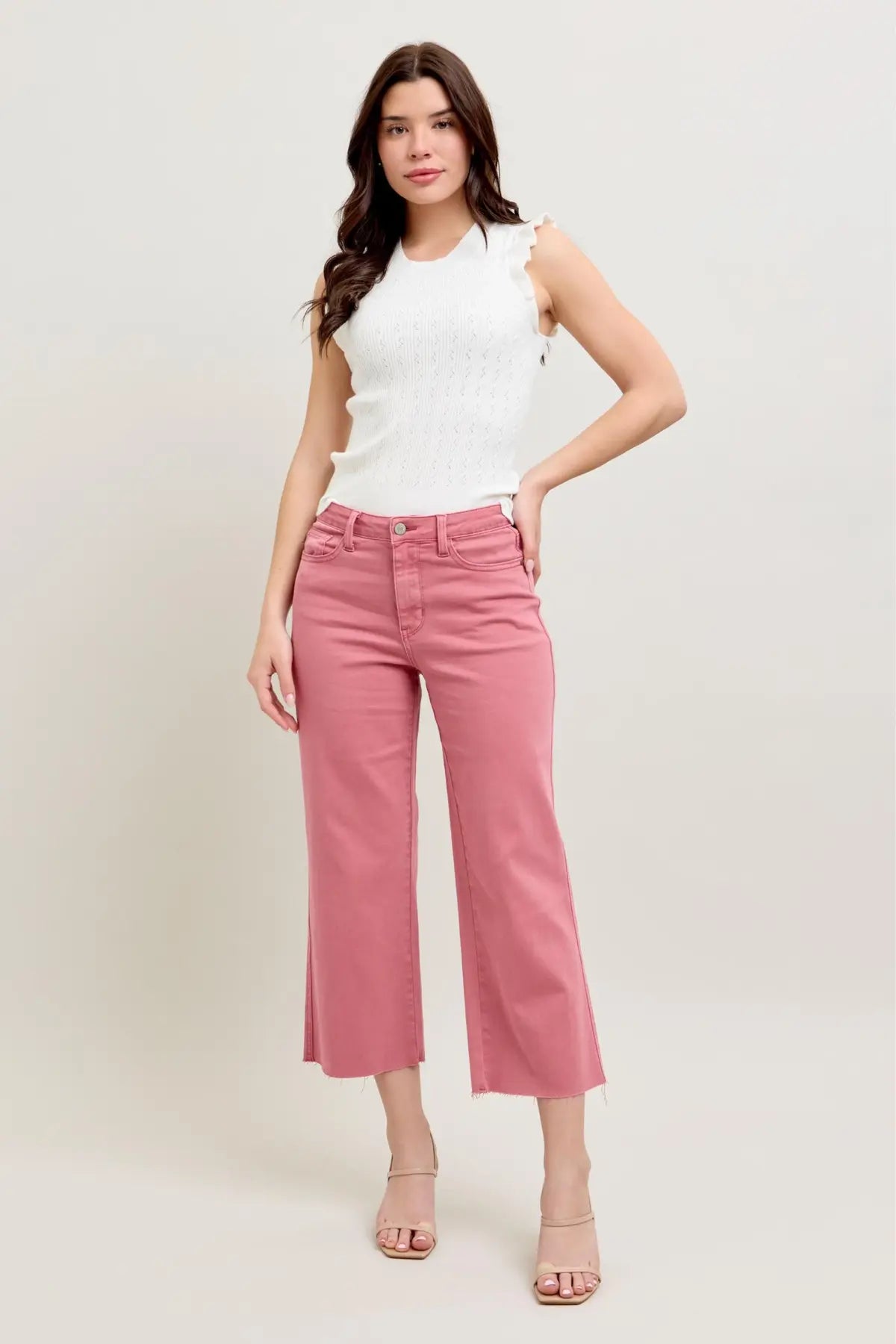 JUDY BLUE HW ROSE GARMENT DYED RAW HEM CROP WIDE JEANS