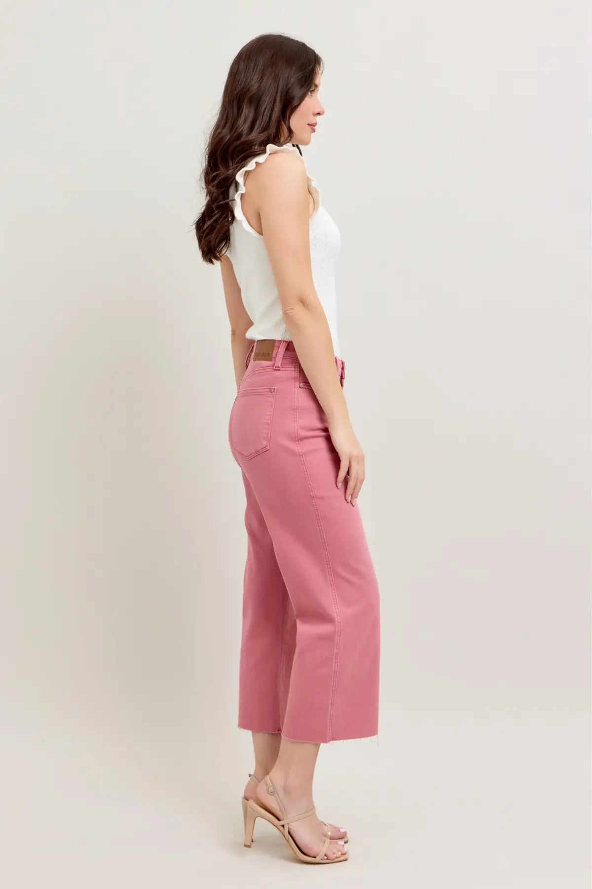JUDY BLUE HW ROSE GARMENT DYED RAW HEM CROP WIDE JEANS