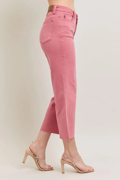 JUDY BLUE HW ROSE GARMENT DYED RAW HEM CROP WIDE JEANS