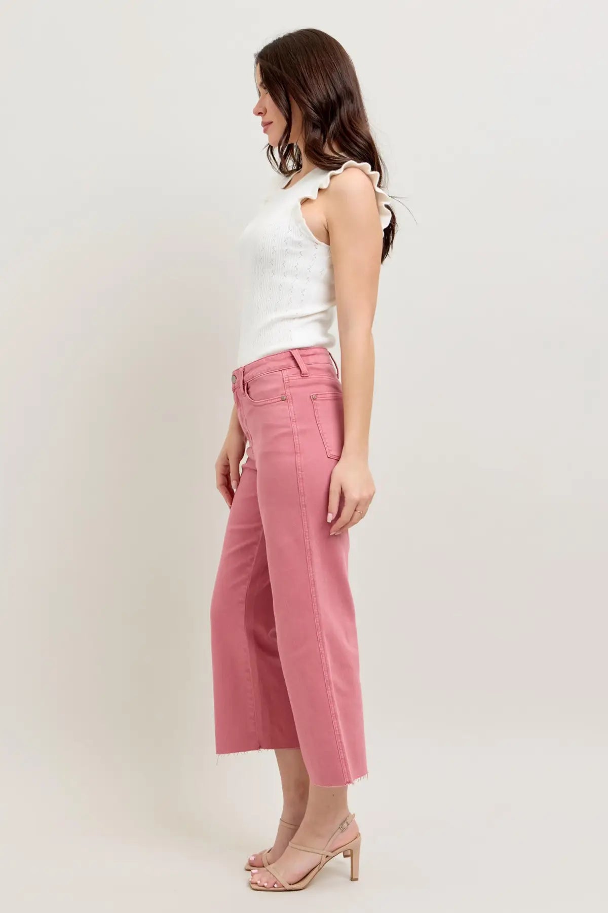 JUDY BLUE HW ROSE GARMENT DYED RAW HEM CROP WIDE JEANS