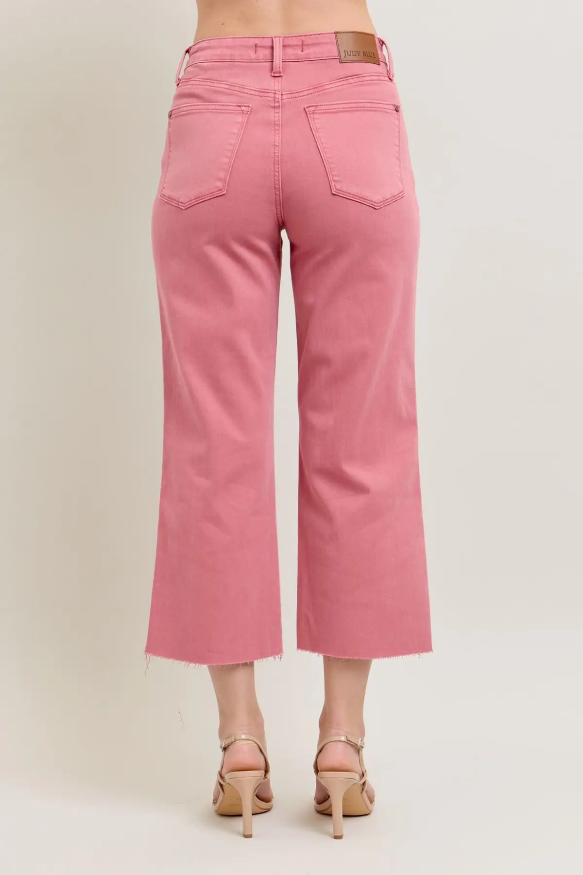 JUDY BLUE HW ROSE GARMENT DYED RAW HEM CROP WIDE JEANS