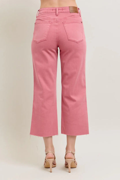 JUDY BLUE HW ROSE GARMENT DYED RAW HEM CROP WIDE JEANS