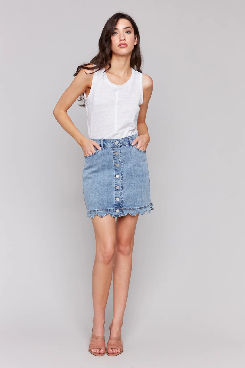 Scalloped Hem Button-Front Denim Skort