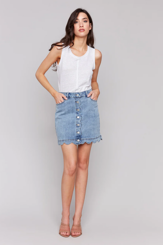 Scalloped Hem Button-Front Denim Skort