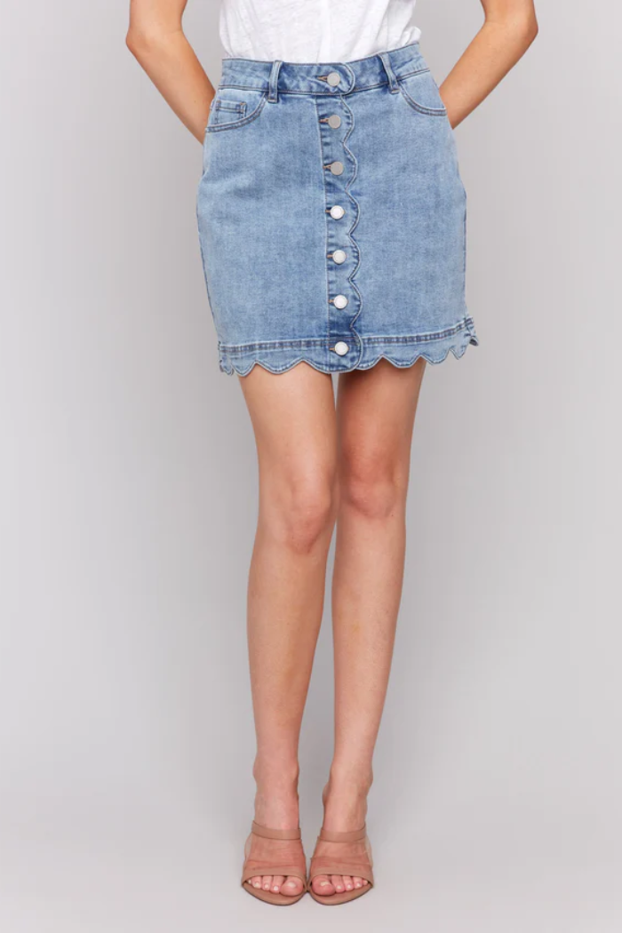 Scalloped Hem Button-Front Denim Skort