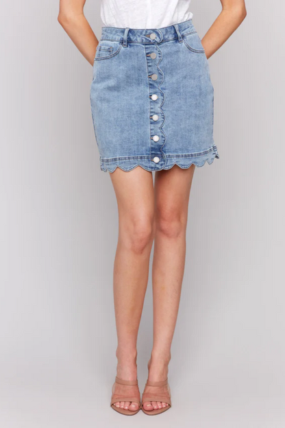 Scalloped Hem Button-Front Denim Skort