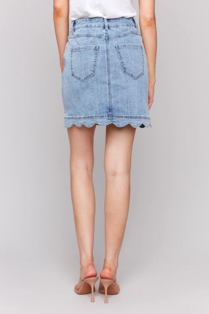 Scalloped Hem Button-Front Denim Skort