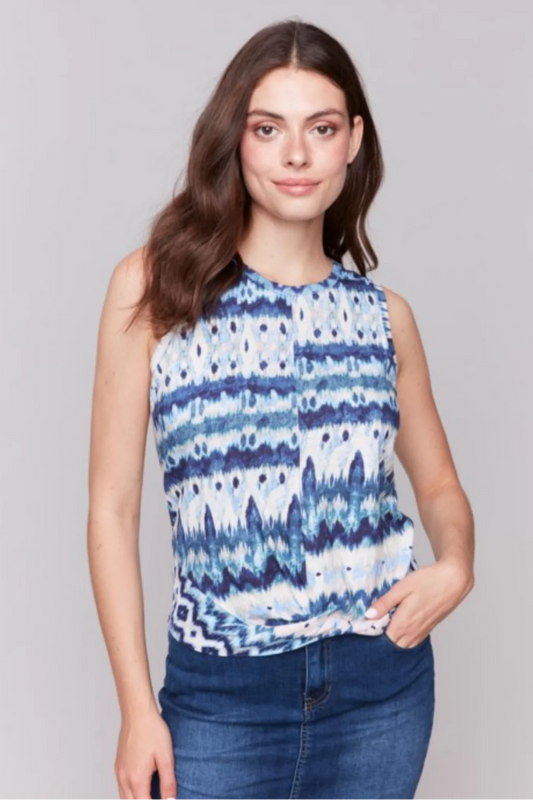 PRINTED CREW NECK TWISTED HEM TANK