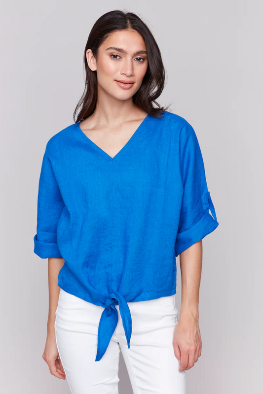 LINEN BLEND 3/4 SLEEVE TOP WITH FRONT TIE