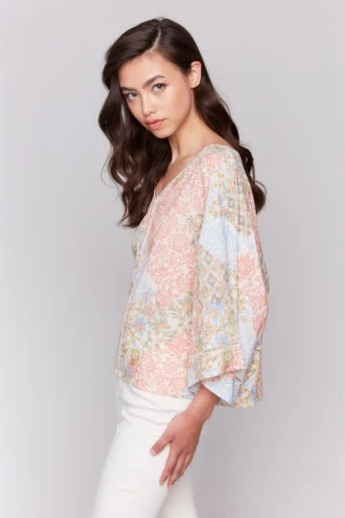 Printed 3/4 Wide Sleeve Blouse w/ Ladder Stitch Detail