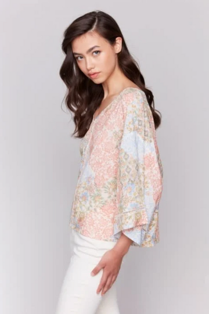 Printed 3/4 Wide Sleeve Blouse w/ Ladder Stitch Detail