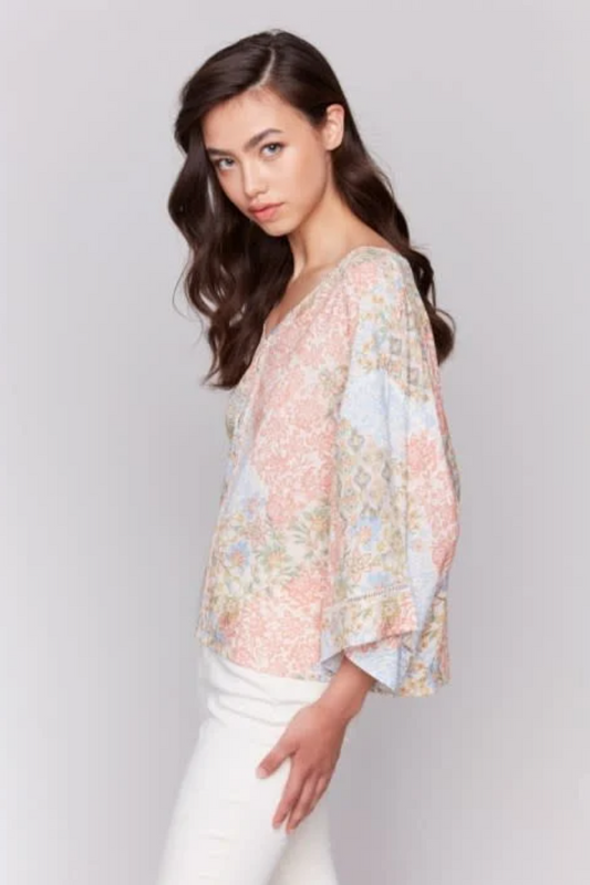 Printed 3/4 Wide Sleeve Blouse w/ Ladder Stitch Detail