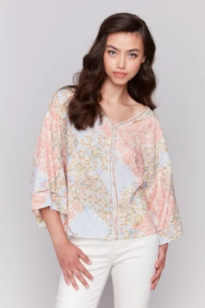 Printed 3/4 Wide Sleeve Blouse w/ Ladder Stitch Detail