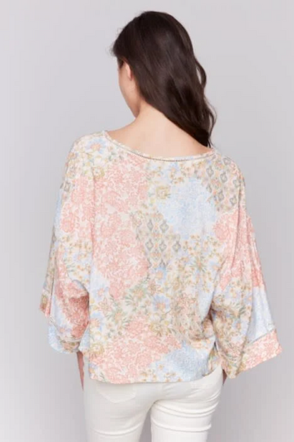 Printed 3/4 Wide Sleeve Blouse w/ Ladder Stitch Detail
