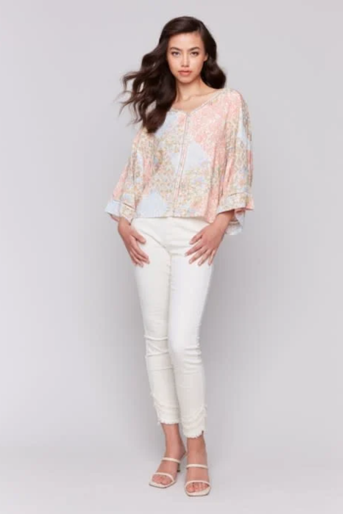 Printed 3/4 Wide Sleeve Blouse w/ Ladder Stitch Detail