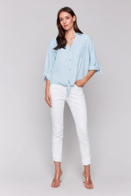 TENCEL BUTTON-FRONT BLOUSE WITH FRONT TIE