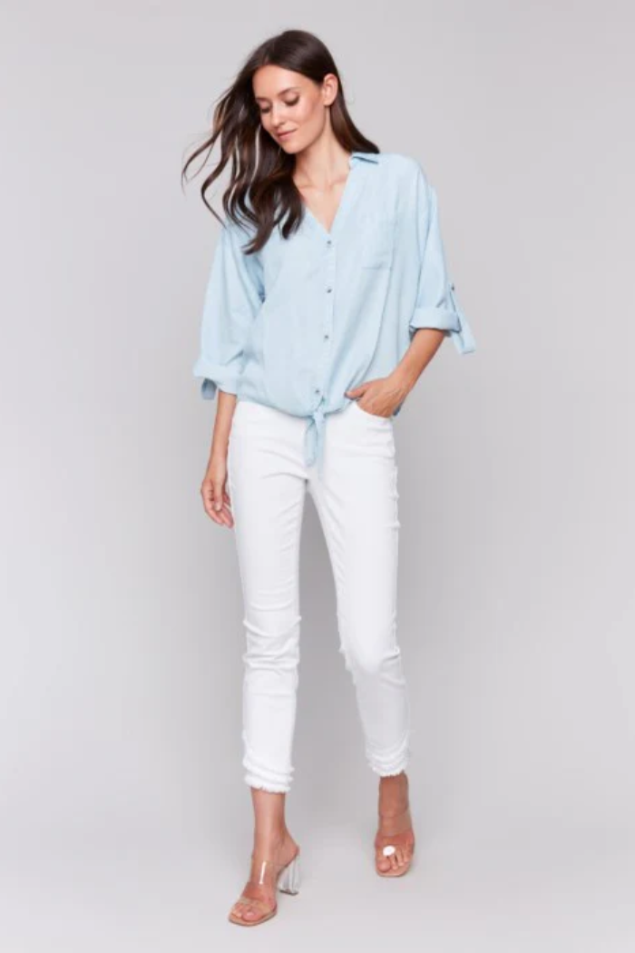 TENCEL BUTTON-FRONT BLOUSE WITH FRONT TIE