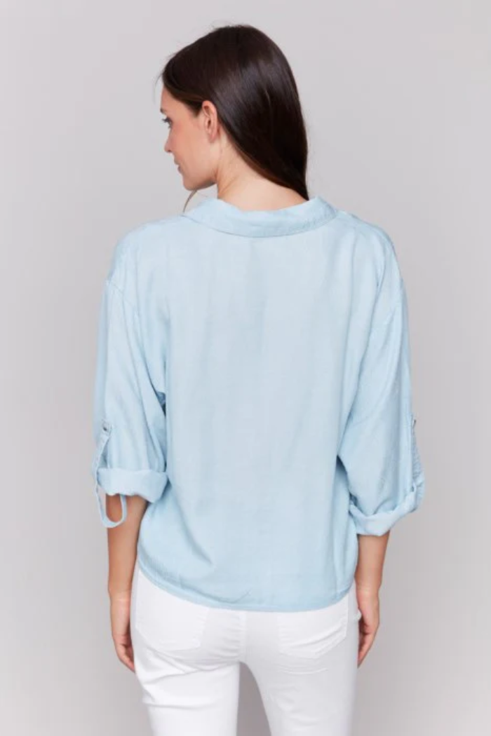 TENCEL BUTTON-FRONT BLOUSE WITH FRONT TIE