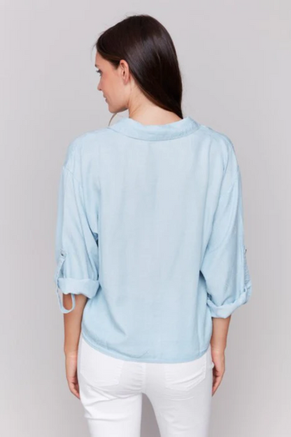 TENCEL BUTTON-FRONT BLOUSE WITH FRONT TIE
