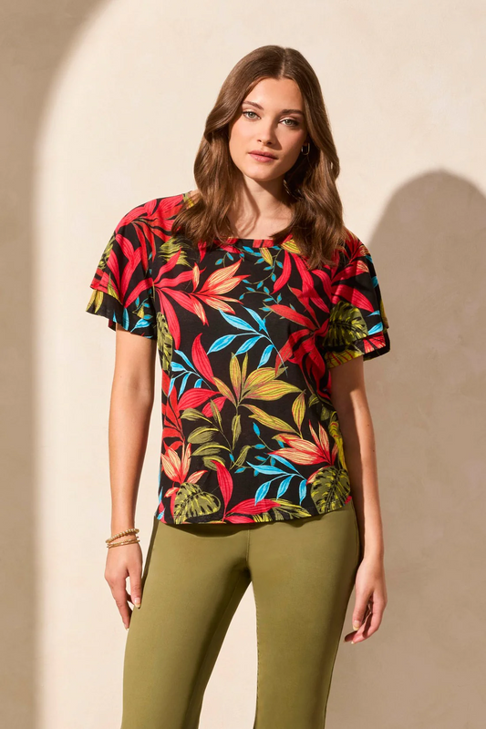 Linen-Blend Ruffle-Sleeve Crew Neck Top