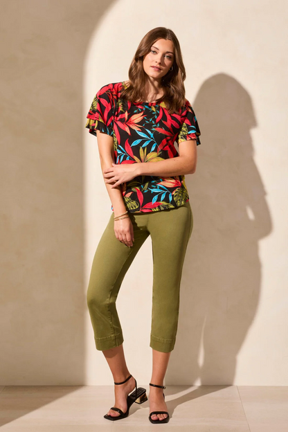 Linen-Blend Ruffle-Sleeve Crew Neck Top