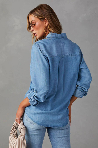 Sweetkama Ladies Denim Pockets Long Sleeves Shirt