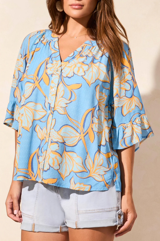 Elbow Sleeve Button Front Blouse W/Tape Detail
