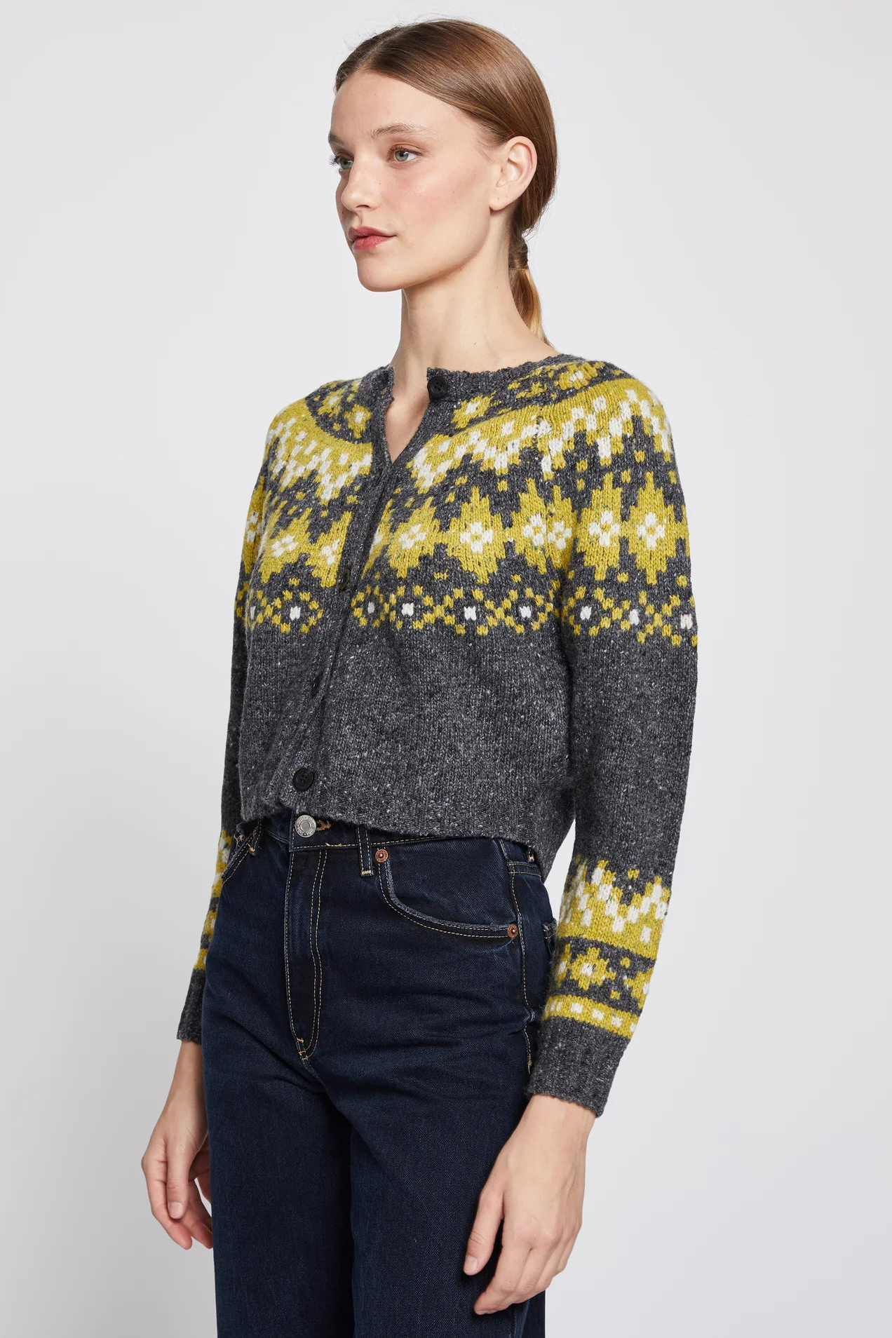 Faire Isle Cropped Cardigan in Charcoal Grey