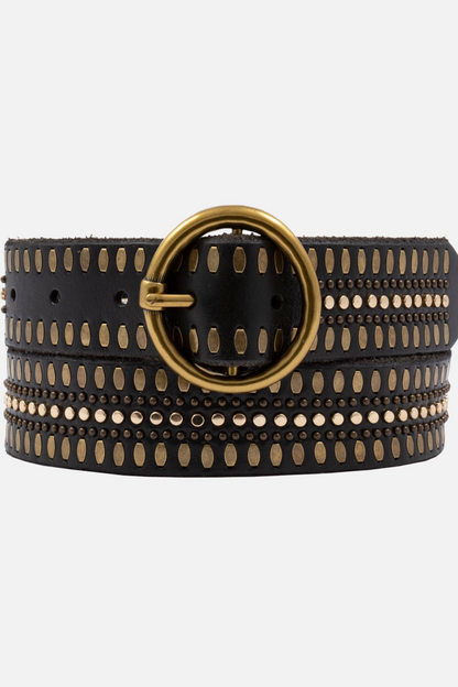 Soraya | Gold Circle Buckle Studded Leather Belt Women