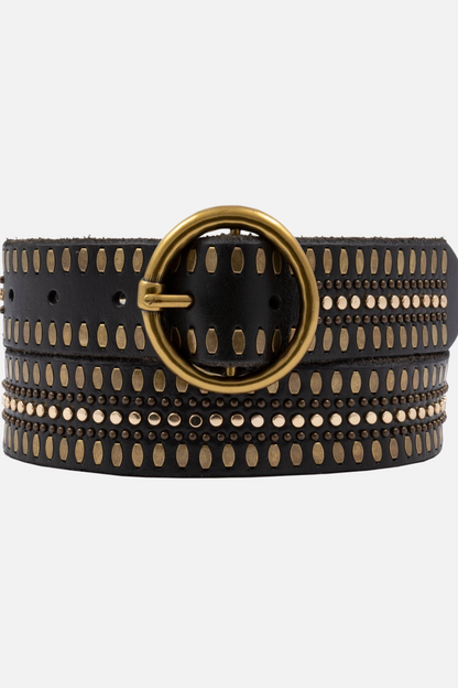 Soraya | Gold Circle Buckle Studded Leather Belt Women