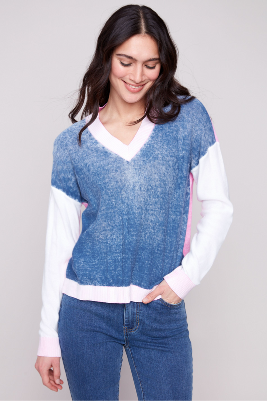 Charlie B. Denim & Pink Colorblock Sweater
