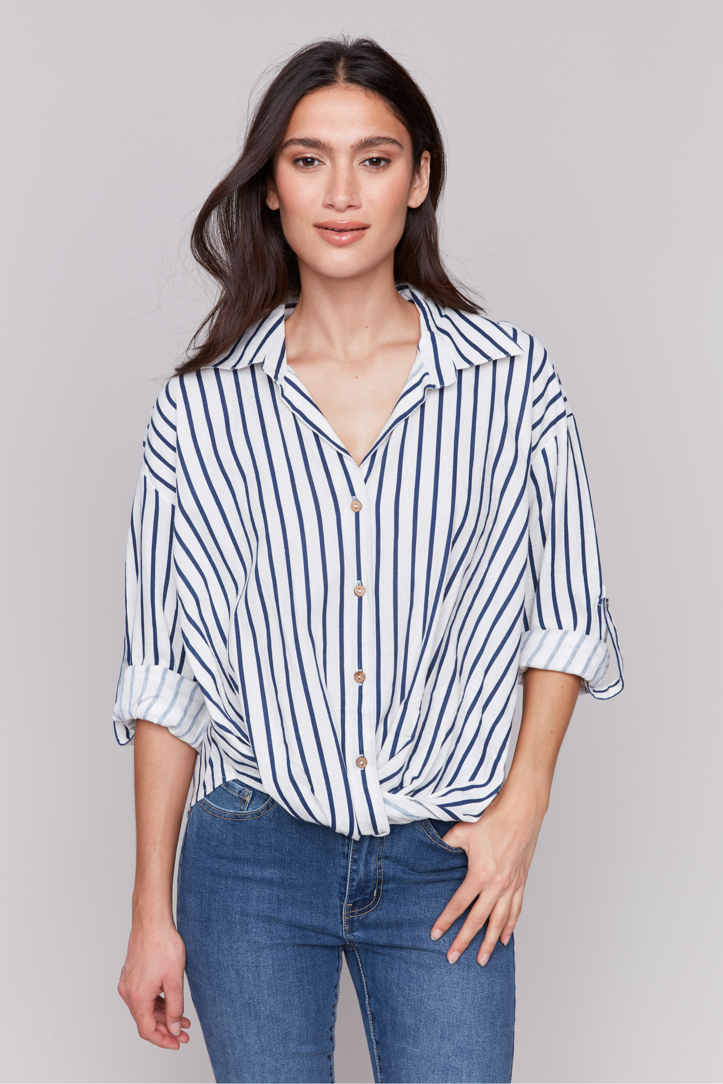 Striped Roll Up Sleeves Blouse with Front Twist
