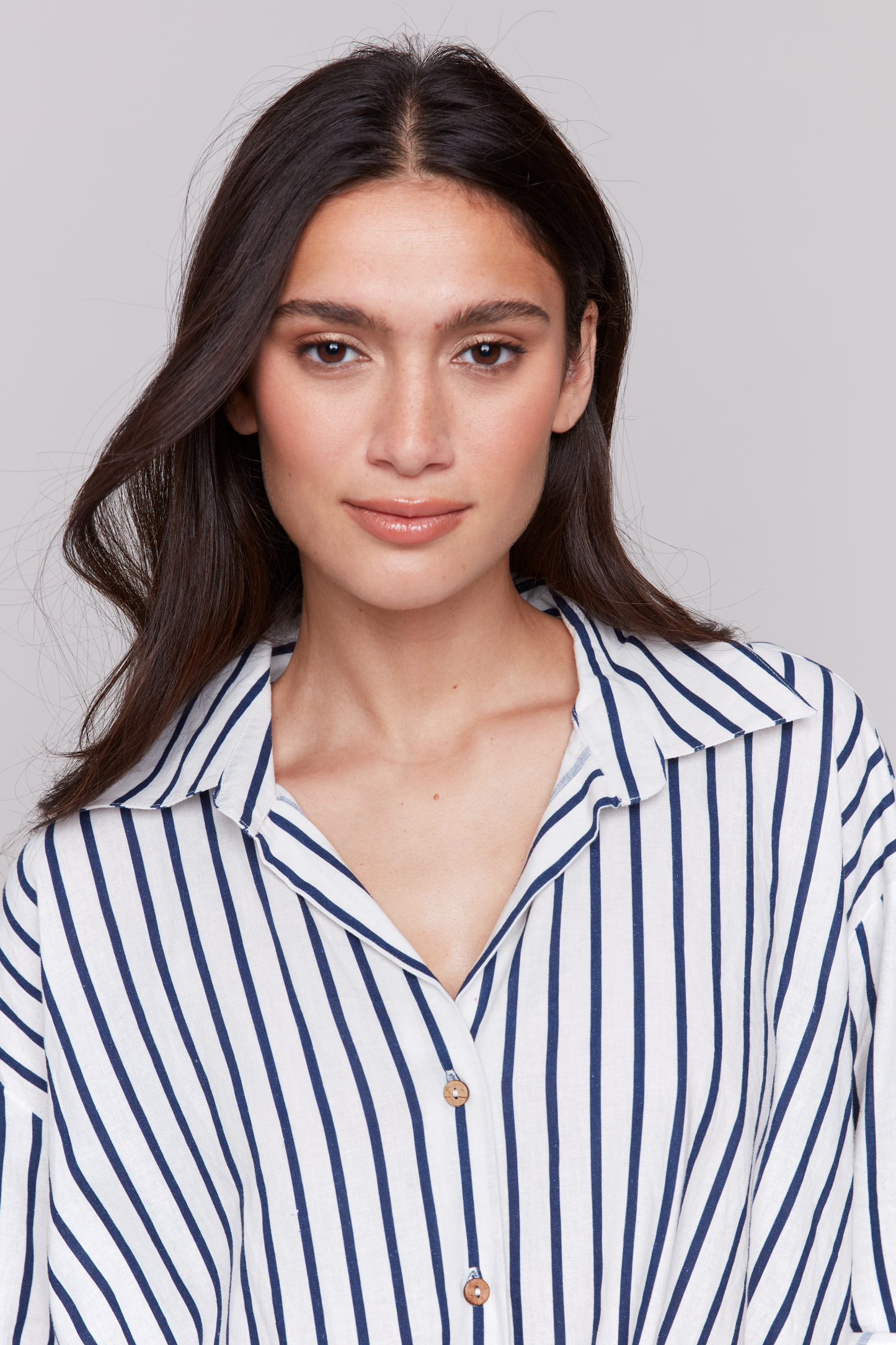 Striped Roll Up Sleeves Blouse with Front Twist