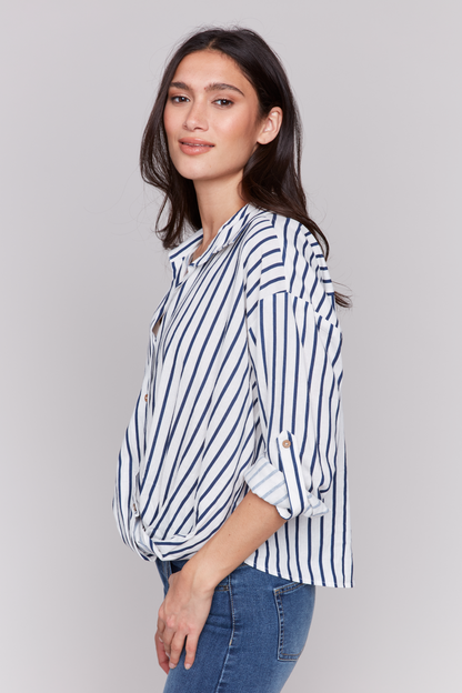 Striped Roll Up Sleeves Blouse with Front Twist