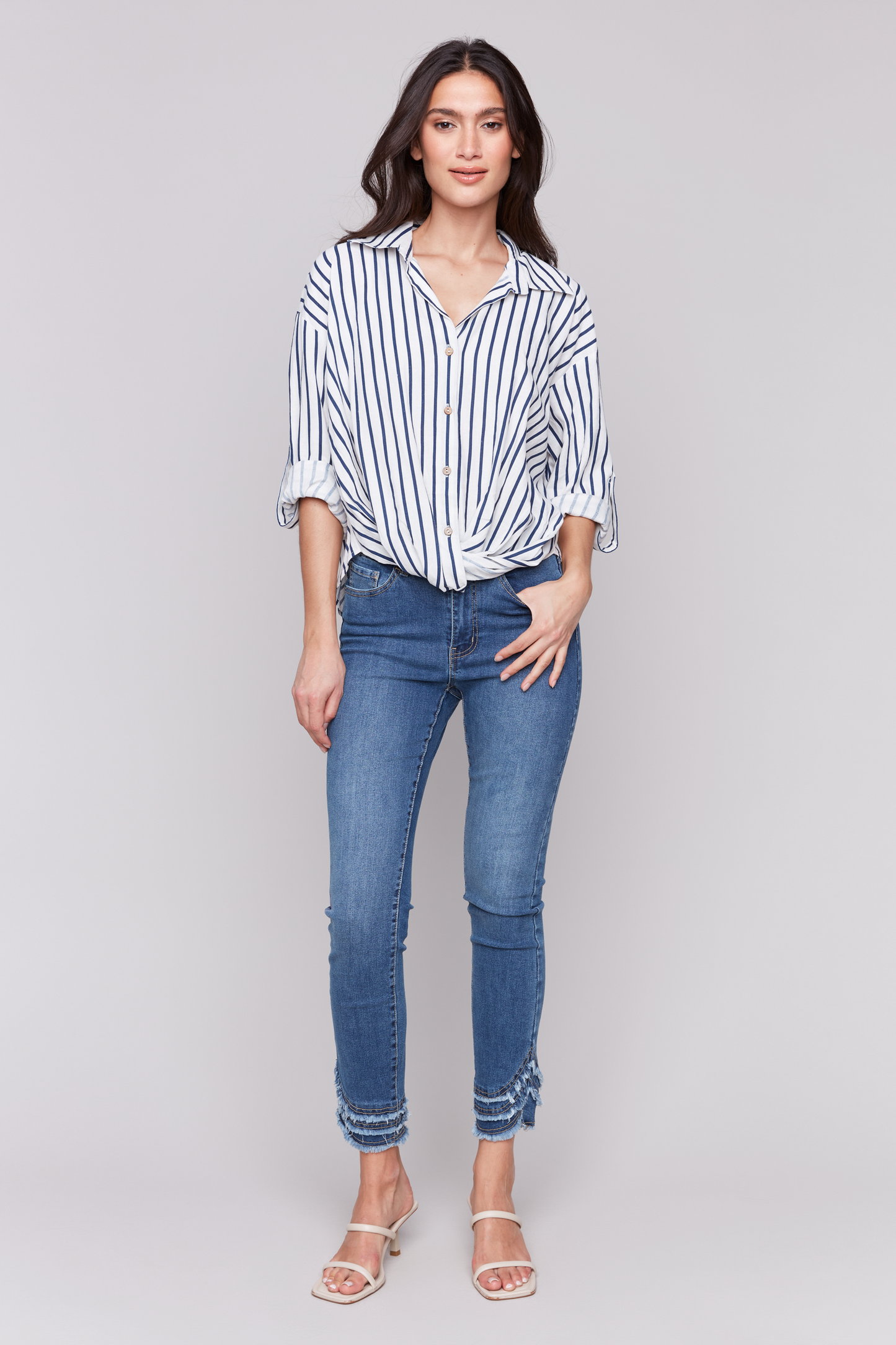 Striped Roll Up Sleeves Blouse with Front Twist