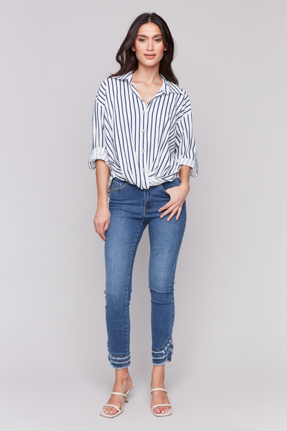 Striped Roll Up Sleeves Blouse with Front Twist