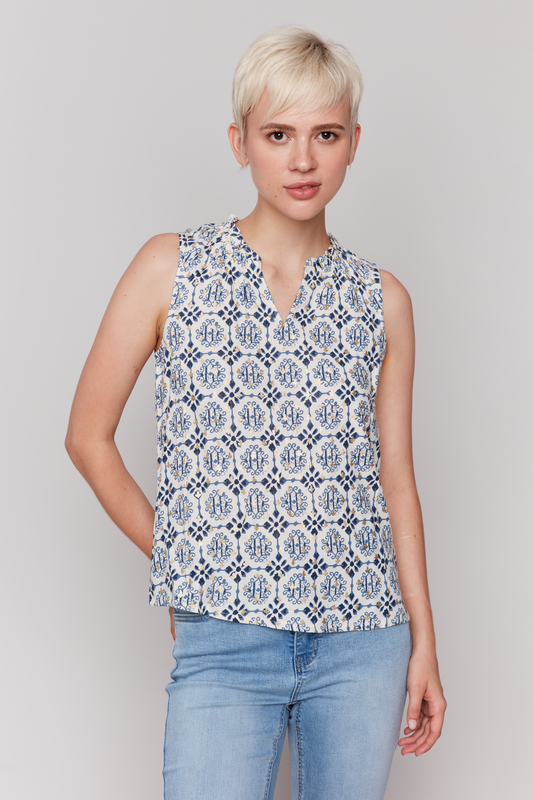 Printed Sleeveless Blouse with Ruffle Collar