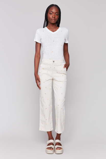 White Flower Embroidered Pocket Pant